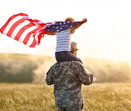 child on shoulders of military father holding a flag