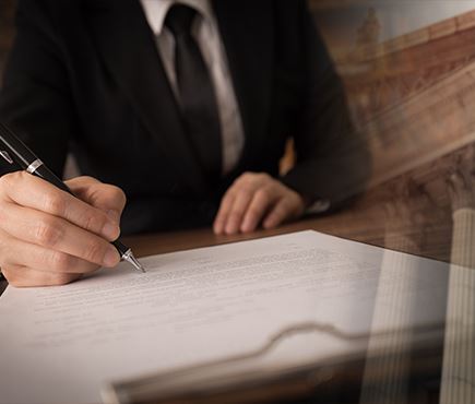 man in suit signing documents